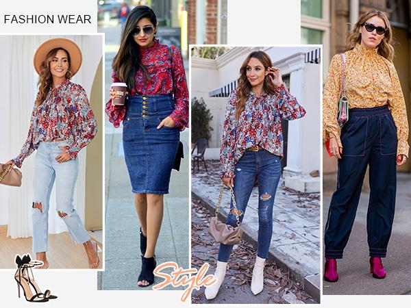 Women's Long Sleeve Tops 2025 Fall New Arrivals Boho Floral Printed Blouses Casual V Neck Pleated Drawstring Shirts Fashion dealsforyoudays Outdoorfun