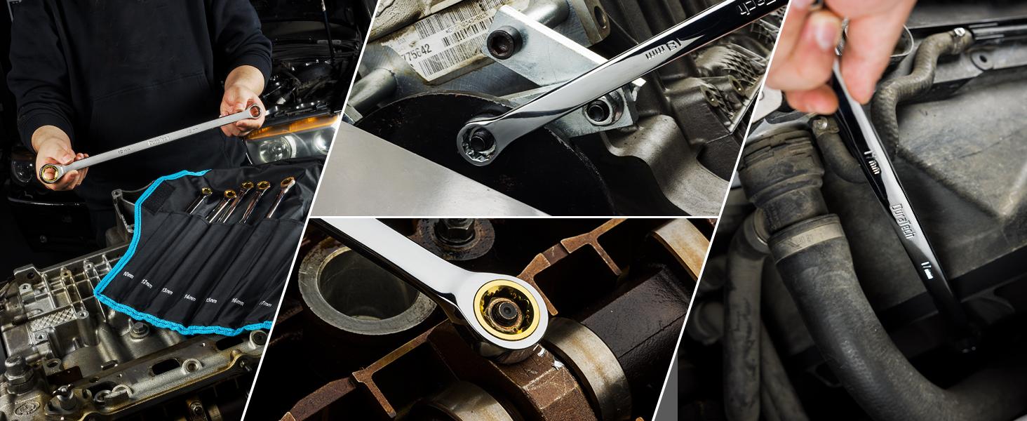 #JumpstartSale DURATECH Extra Long Anti-Slip Ratcheting Wrench Set, Double Box End Wrench Set, 9-Count, Metric, 10, 12, 13, 14, 15, 16, 17, 18, 19mm, CR-V Steel, with Rolling Pouch