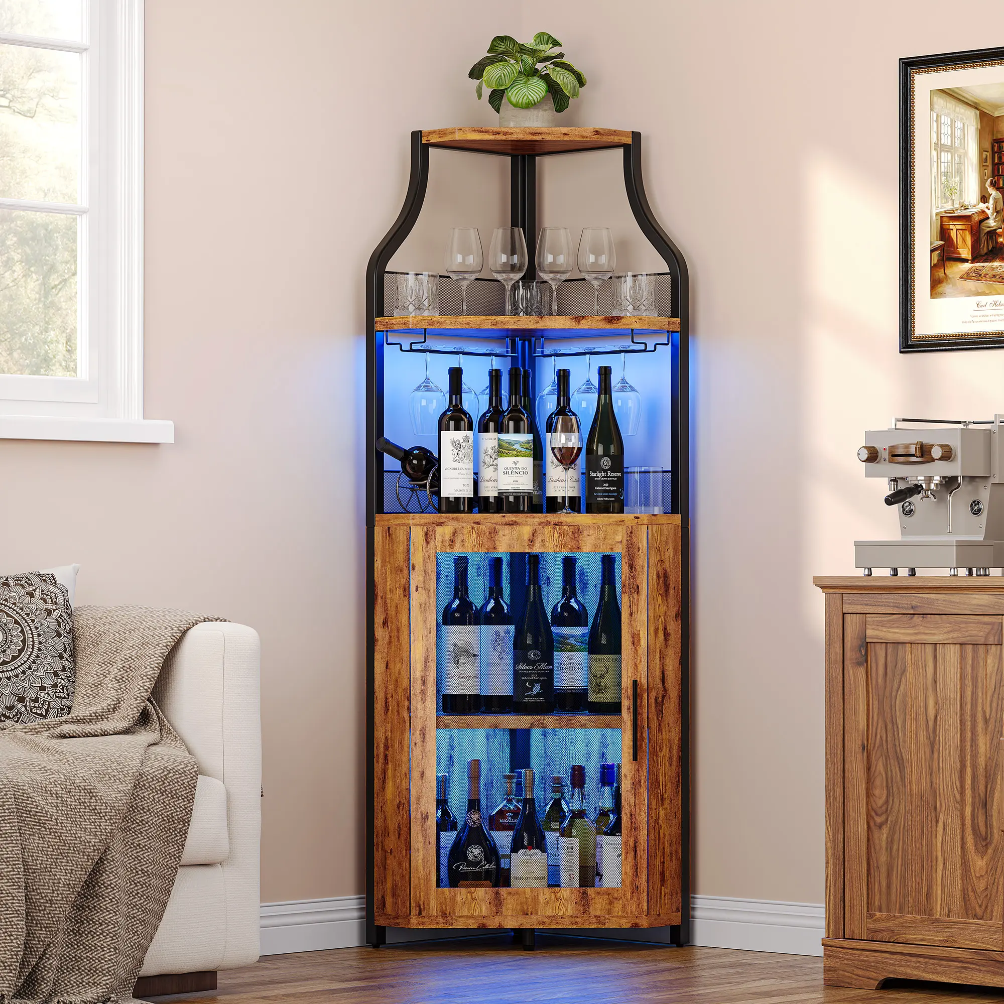 61-Inch Tall Corner Cabinet - Industrial 5-Tier Storage, Reinforced Metal and Wood Home Bar Furniture with Adjustable Shelves, Glass Holder, Mesh Door, Space-Saving Liquor Storage for Dining Room, Living Room