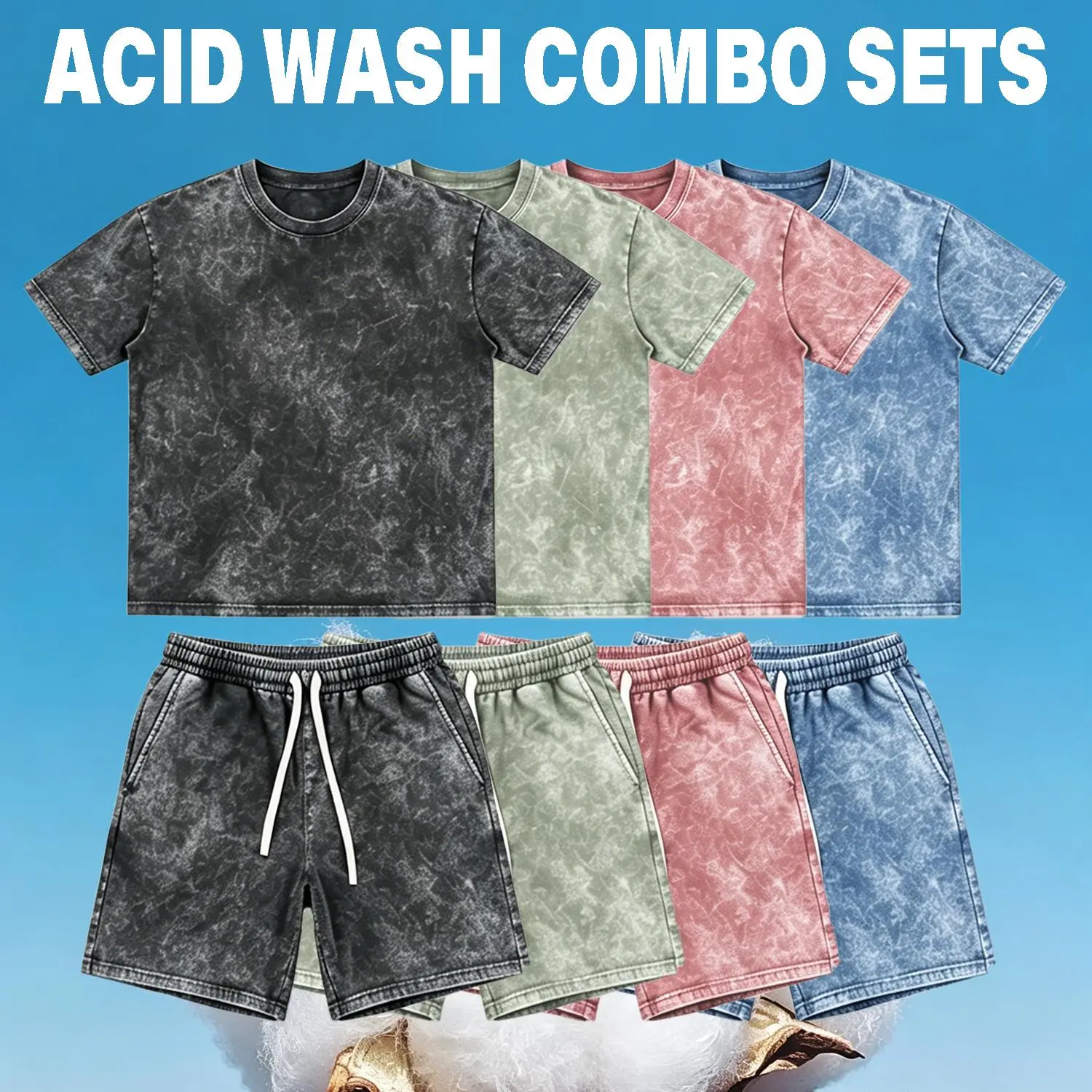 Mens 2 Piece Outfits Acid Wash Short Sets Vintage T-Shirt Lightweight Breathable Cotton Tee and Drawstring Shorts Set Retro Y2K Grunge Streetwear Co-ords Summer Casual Matching Sweat Tracksuit Male Gym Loungewear Aesthetic Clothing Regular Fit Faded Look