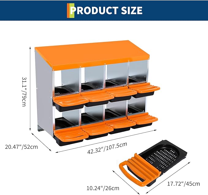 Chicken Nest Box, Rollaway Chicken Nesting Box, 2-Tiers Large Mental Hen Roll-Off Layer Box with Extra Large Openings, Resting Platform, Waterproof Sloped Roof, Easy Clean Removable Tray