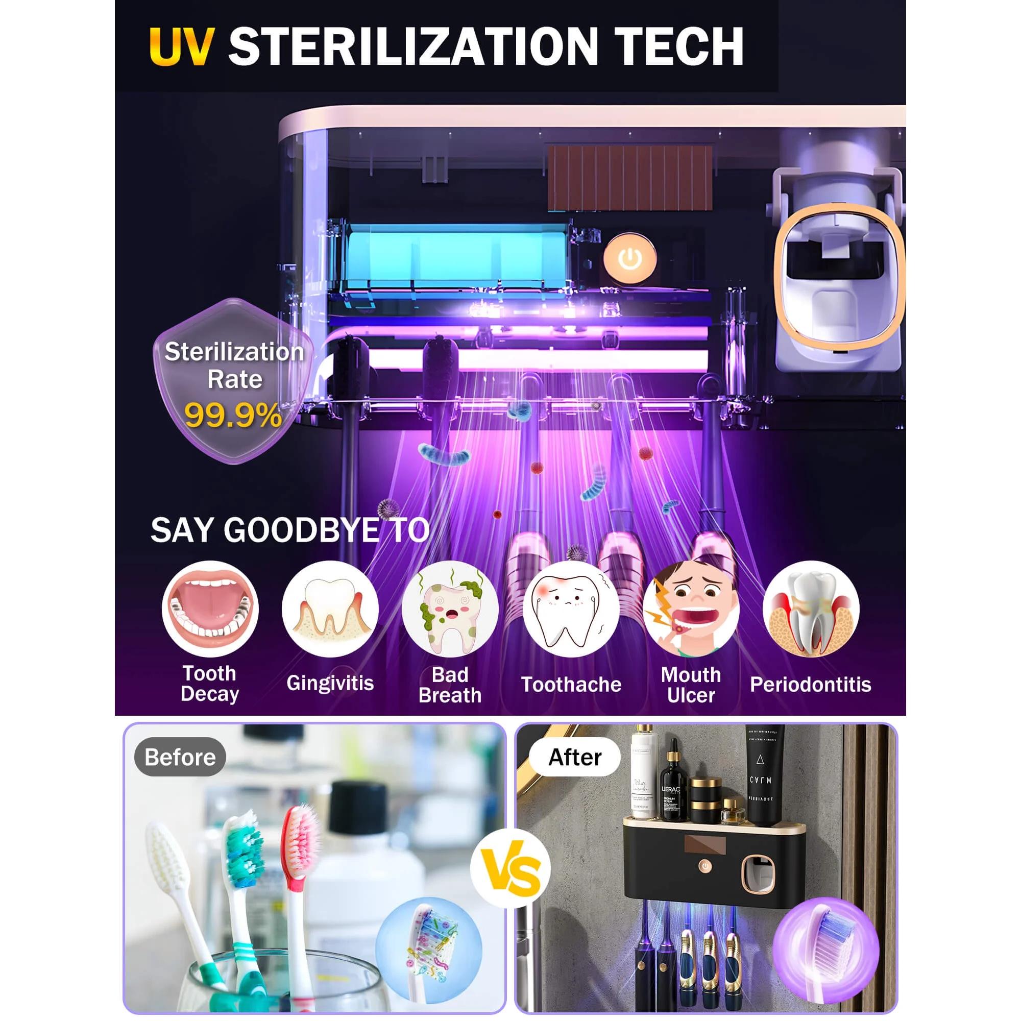 PHANCIR UV Toothbrush Holder for Bathrooms,5-Slot Wall Mount Toothbrush Sanitizer & Timing Function Wall Mounted with Toothpaste Dispenser for Electric / Regular Toothbrush Black Rose Gold