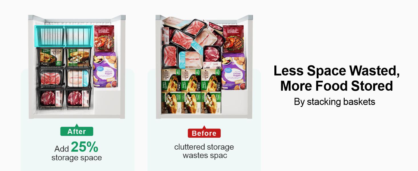 8 Pack Freezer Organizer Bins - Stackable Chest Freezer Organizer for 7 Cu.FT Deep Freezer Sort Frozen Meats, Deep Freezer Organizer Bins with Handle Easy to Get Food from Bottom, Rectangular Kitchen Containers for Utensils, Black