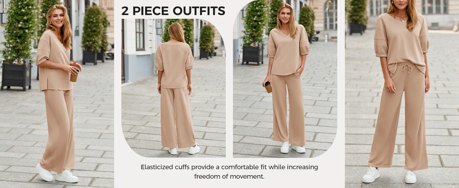 Fisoew Womens 2 Piece Outfits Casual V Neck Shirts Wide Leg Running Long Pants Loose Workout Tracksuit Sets