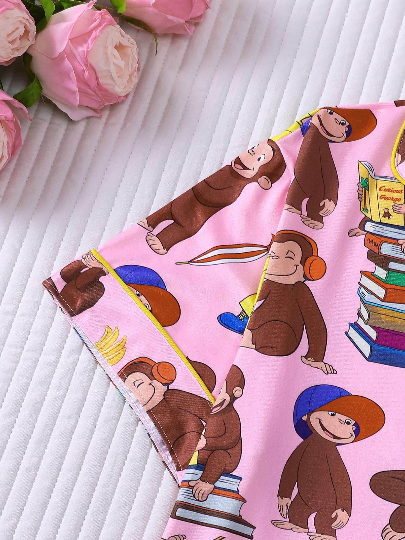 Women's 2 Piece Curious George Cartoon Print Pajamas Set, Cute Monkey Pattern Short Sleeve Button Down Shirt & Shorts Loungewear, Soft Comfy Sleepwear with Chest Pocket & Elastic Waist, Casual All-Season Homewear for Daily Relaxation