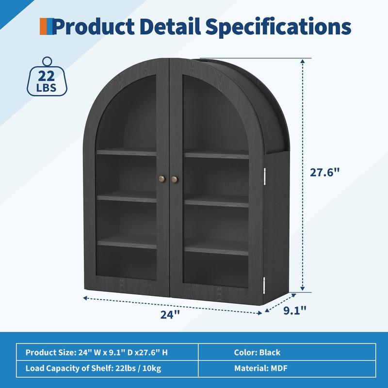 Small Arched Wall Cabinet with Acrylic Doors - 24" Wall-Mounted Storage Cabinet with Adjustable Shelf, Compact Space-Saving Design for Kitchen, Bathroom & Laundry Room