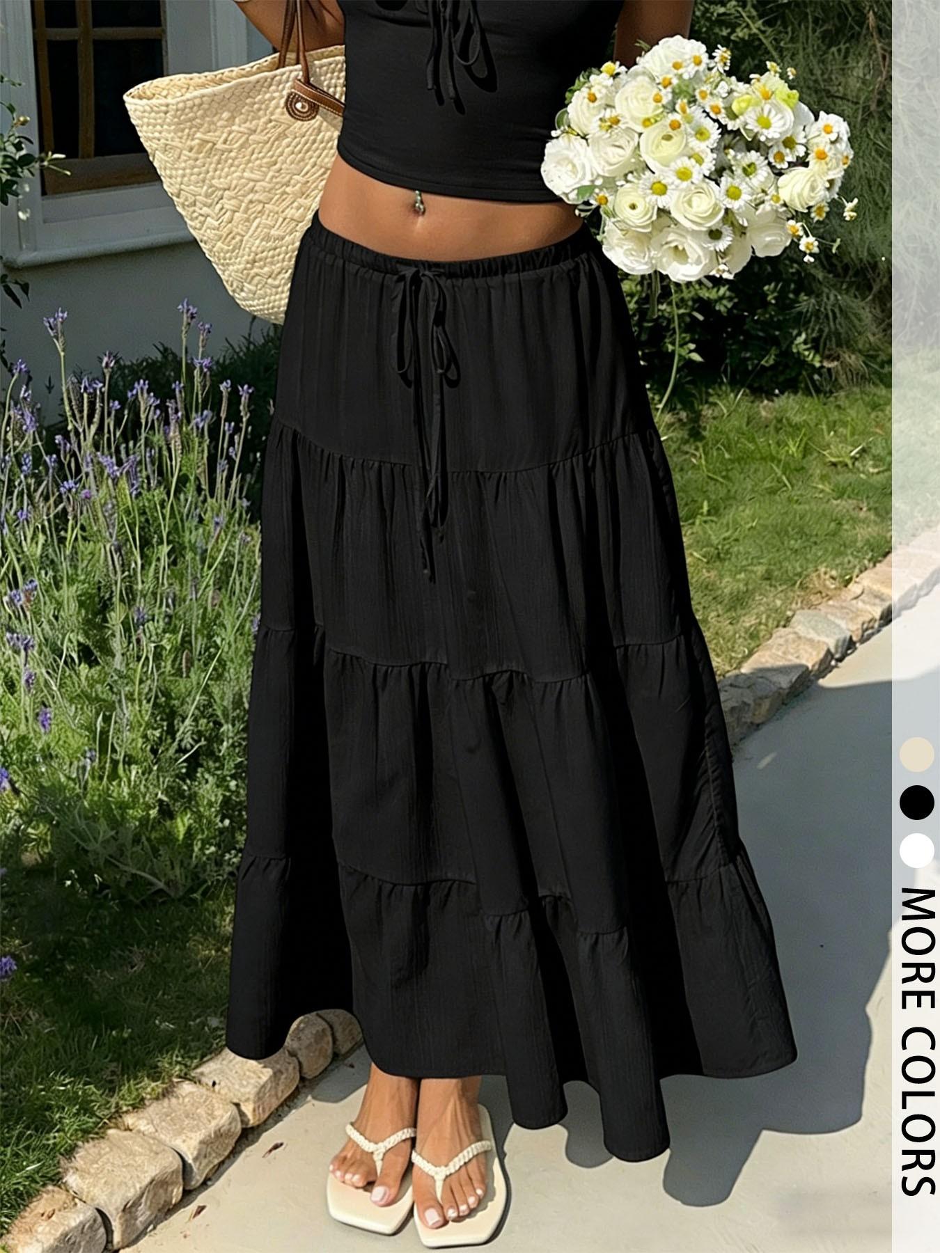 Women's Textured White Ruffled Maxi Skirt, Boho Elastic Waist Tiered Long Skirt For Summer Outings & Casual Fashion