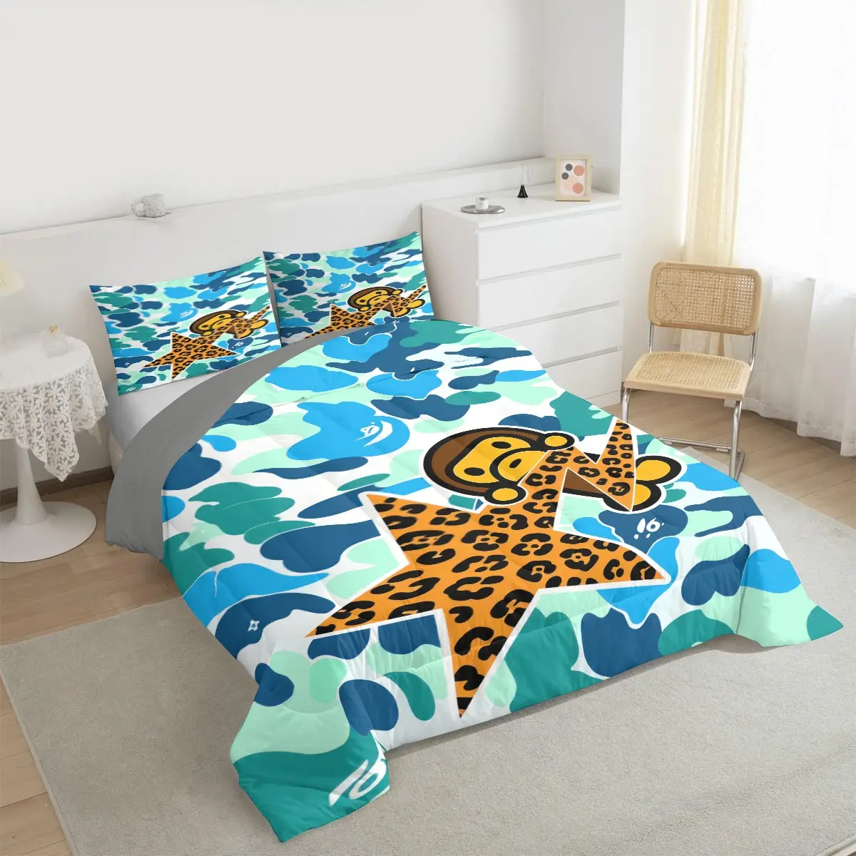 3-Piece Set Digital Print Comforter Set, Bright Cyan Camo Leopard Star Cartoon Monkey Quilt Set, (3Pcs:1 Comforter, 2 Pillowcase, Pillow Insert Not Included), Fashion All Season Bedding Set For Loft & Rental House