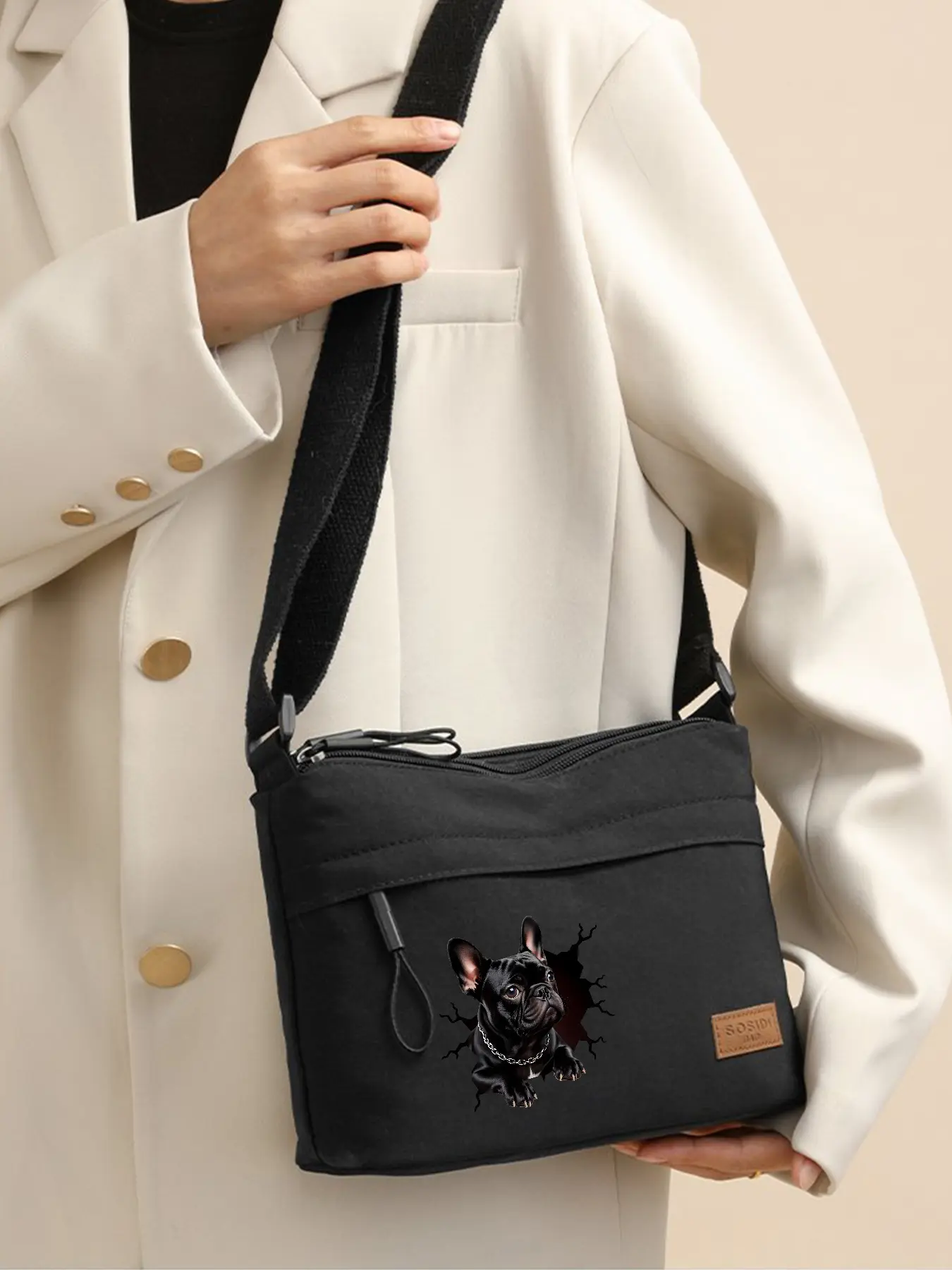 Black French Bulldog Pattern Cross‑body Bags, Casual Shoulder Bags, Lightweight Phone Pouches/bags, Cosmetic Bags, Multi‑zipper Multi‑compartment Design, Ideal for Daily Shopping and Commuting, Adjustable Shoulder Straps, Perfect Gift Option.