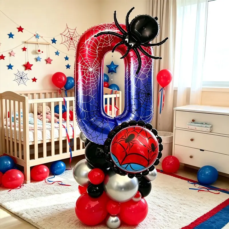29-piece Red and Blue Spider-Themed Balloon Column Set，Includes 40-inch spider web digits, red, black, silver latex balloons，Suitable for birthday parties，Parent-Child Activity Set Design，Children's Room Decoration，Cinema viewing atmosphere setup