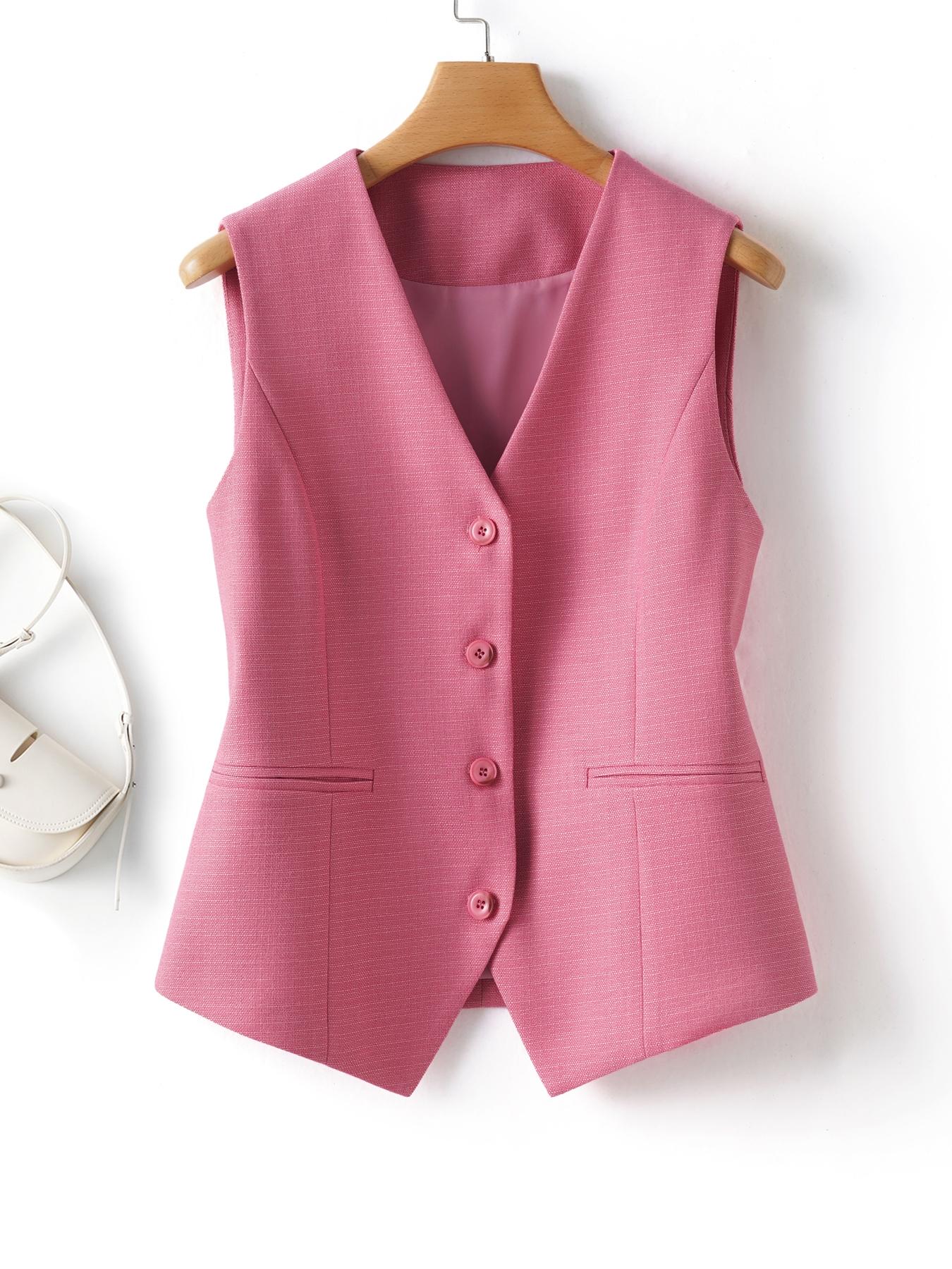 Women's Solid Button Front Vest Blazer, Elegant V Neck Pocket Suit Vest For Work Office Business, Ladies Spring & Fall Clothes, Modern Easy Wear