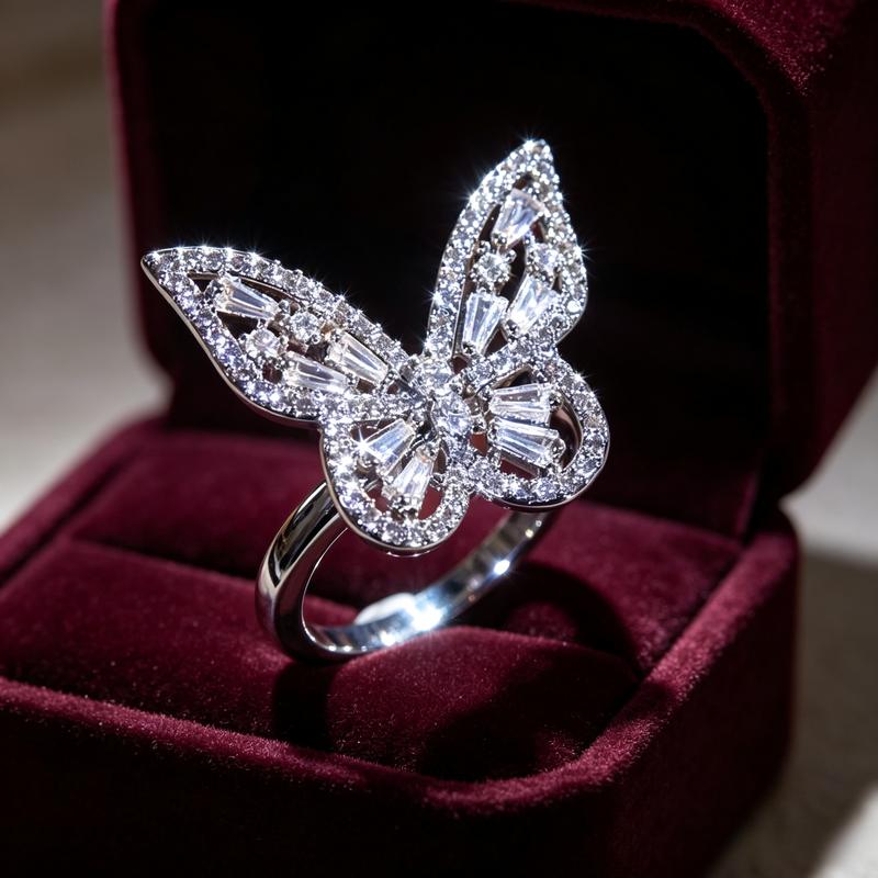 Women's Stylish Hollow Butterfly Motif Pave Statement Ring - Mixed Baguette & Round Stone Open-Wing Cocktail Ring, Glamour Cute Jewelry for Women Valentine Christmas Gift