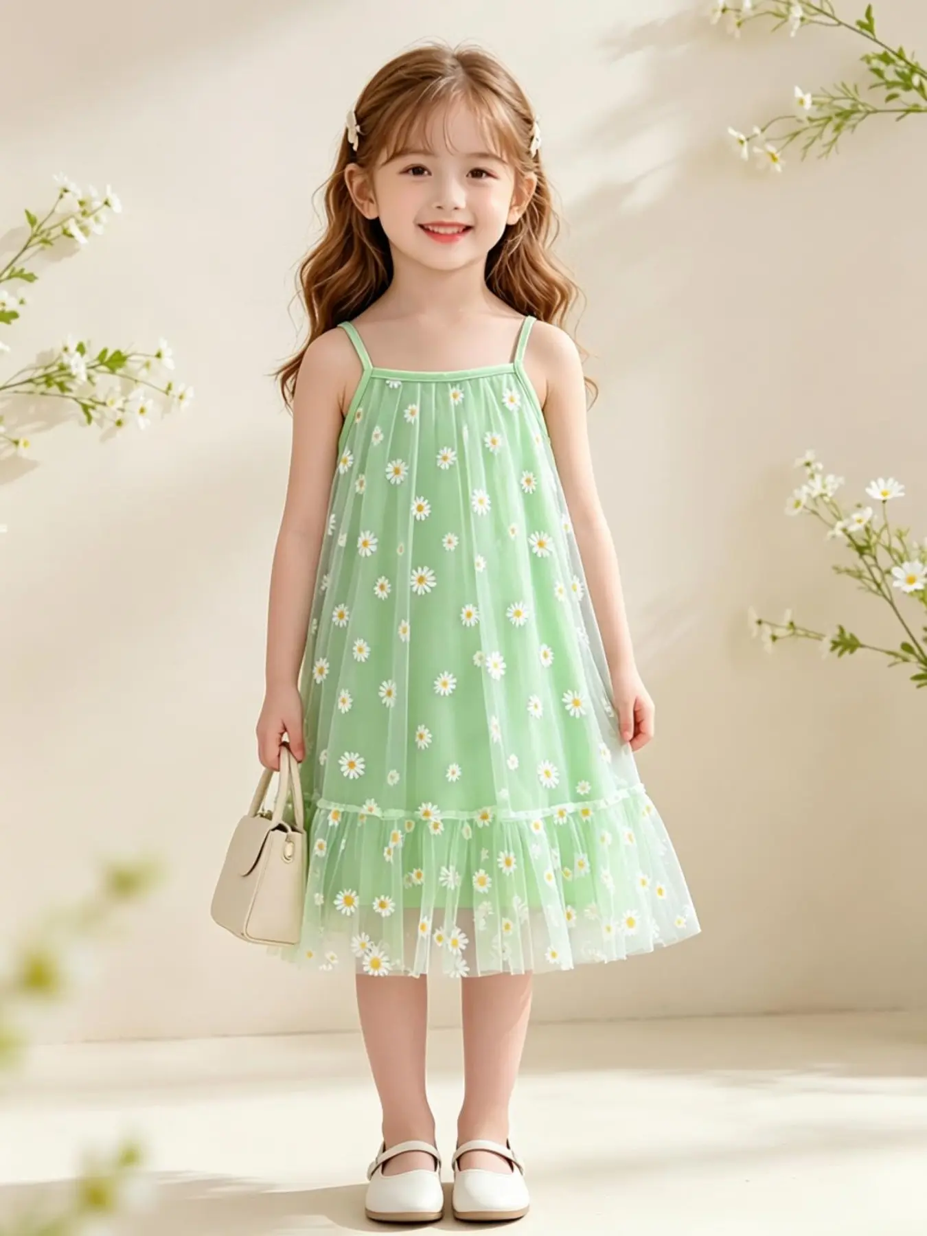 Light Daisy Spaghetti Strap Layered Mesh Sundress for Girls, Casual Flowy Dress, Casual Dresses, Sweat-Wicking Soft Fabric, Spring Summer Daily Wear