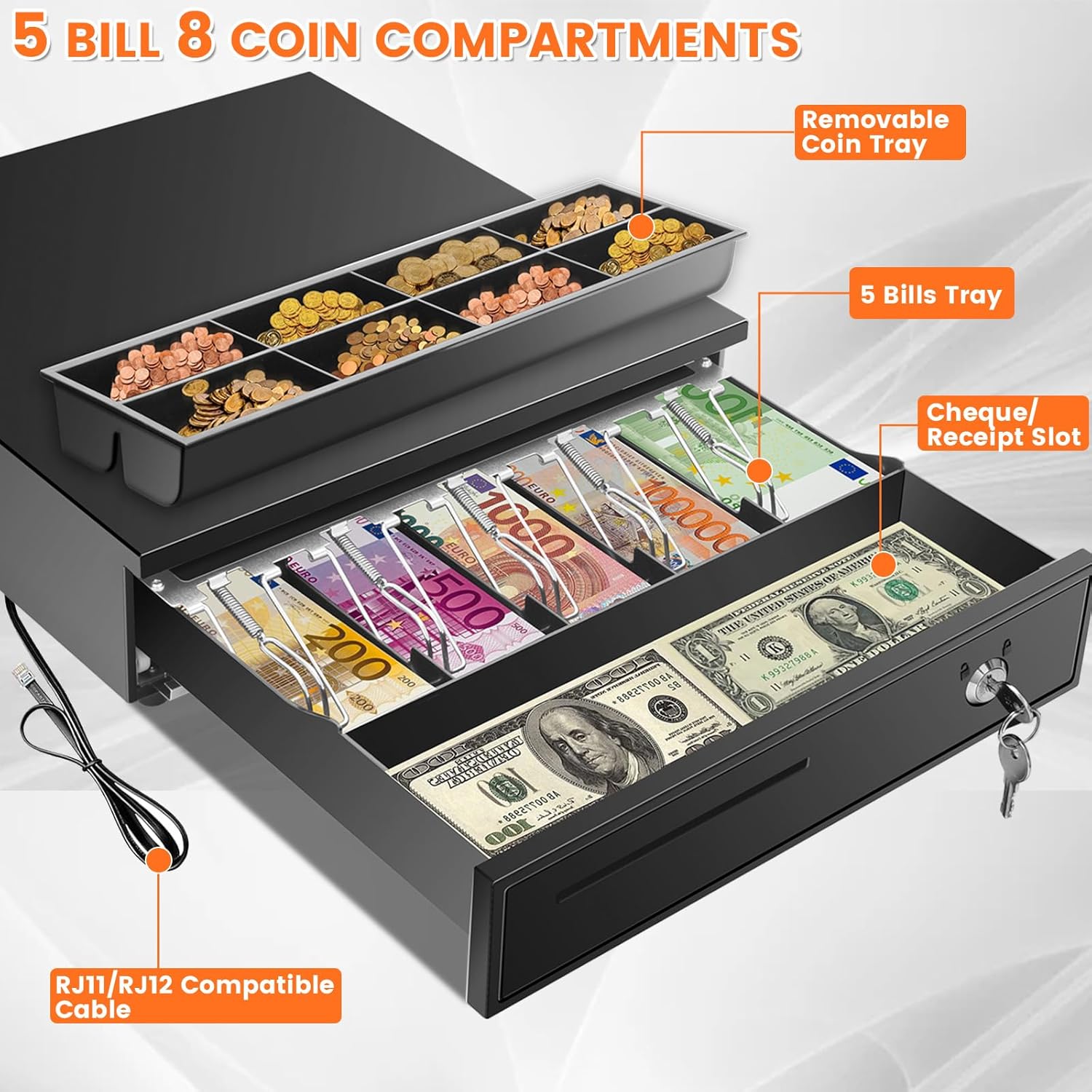 16.4"  Drawer with Media Slot, POS  Register with 5 Bill 8  Slots, RJ11/RJ12 Printer-Driven, 3-Position Key Lock, Heavy-Duty Steel  Register for for Small Businesses