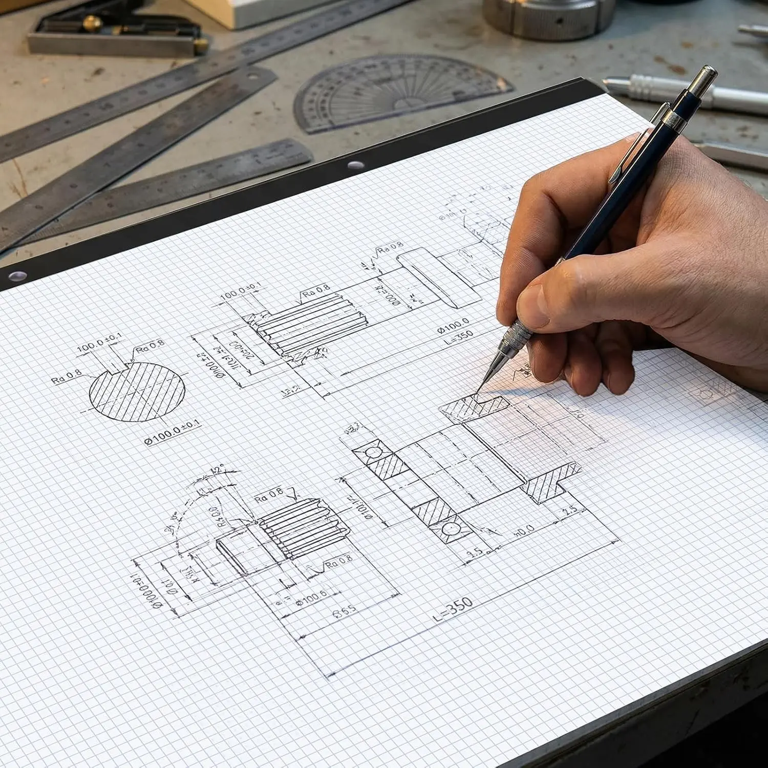Large Engineering Graph Paper 22" x 17", Large Graph Paper Pad | 100 Sheets/200 Pages, 0.2" Blue Grid, Easy-Tear Pages, Bleed-Resistant Paper For Architect Designer Mathematician