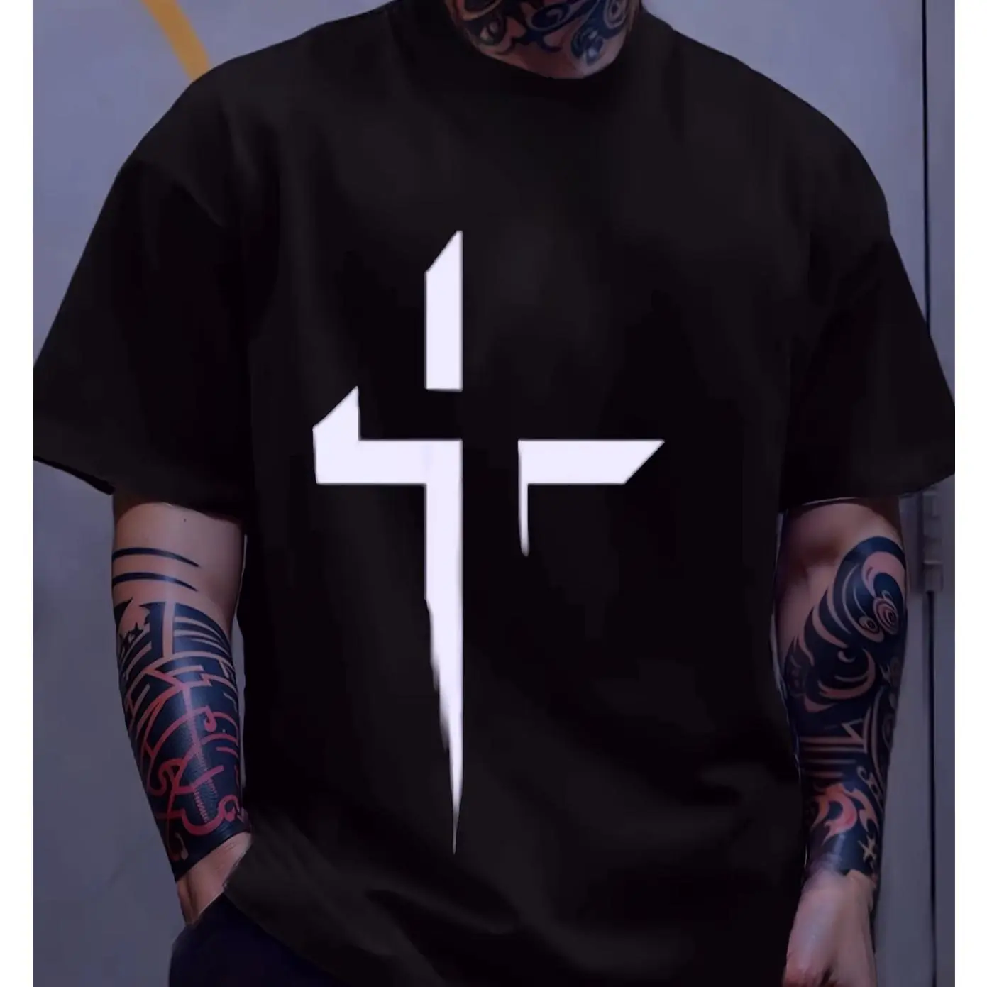Geometric Stylized Cross Street Graphic Oversized Cotton T-Shirt, Comfort Hip Hop Fashion Daily Outfit, Cool Valentine Birthday Gift For Christian Young Men Friends