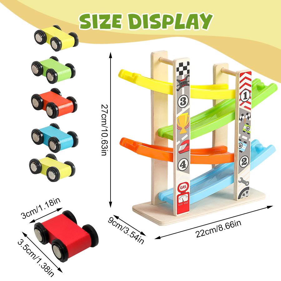 EDUTREE Toddler Toys Wooden Car Ramp Racer Toy Vehicle Set with 7 Tracks Mini Cars Race Tracks Montessori Inspired Gift for Boys Girls Play Playset Tricycle