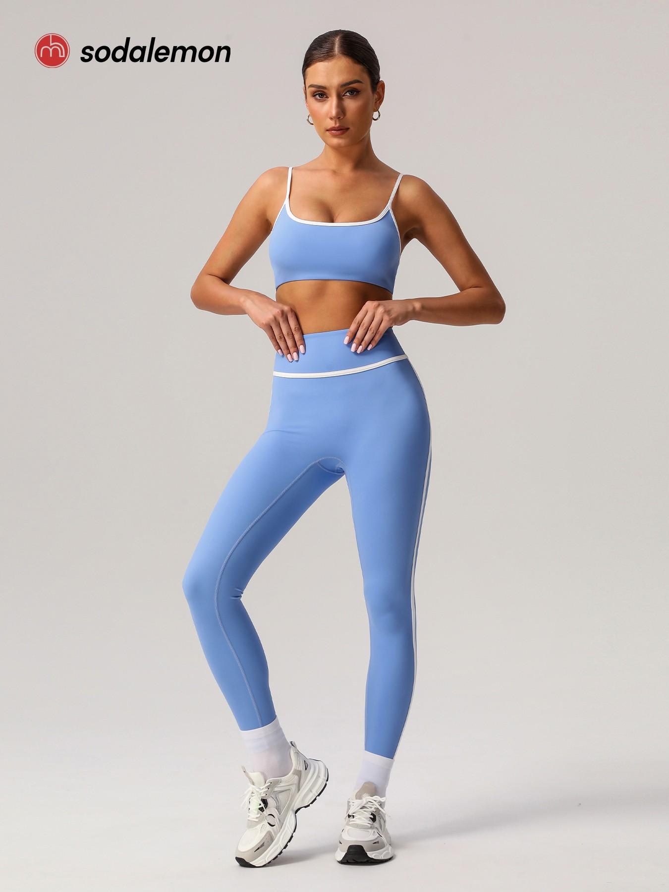 Women's Contrast Binding Crop Cami Top & High-Waist Leggings Set, Casual Sleeveless Top & Skinny Pants Two-Piece Yoga Outfits, Ladies Sportswear Workout Running Clothes for Indoor & Outdoor Wear