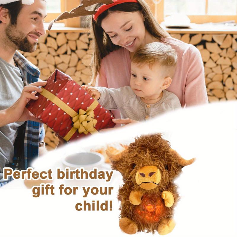 2025 New Highland Cow Plush Doll Stuffed Animal, Highland Cow Plush Toy with Rhythmic Breathing Motion and Music Lights, Portable Highland Cow Plush Toy with Lights and Music, Plush Character