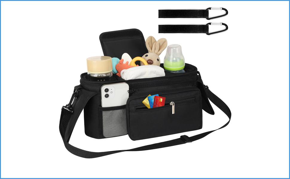 GMOX Universal Stroller Organizer Bag, Large Capacity Stroller Caddy with Insulated Cup Holders & Multi Pockets, Detachable Shoulder Strap Diaper Bag for Baby Stroller Travel Daily Use