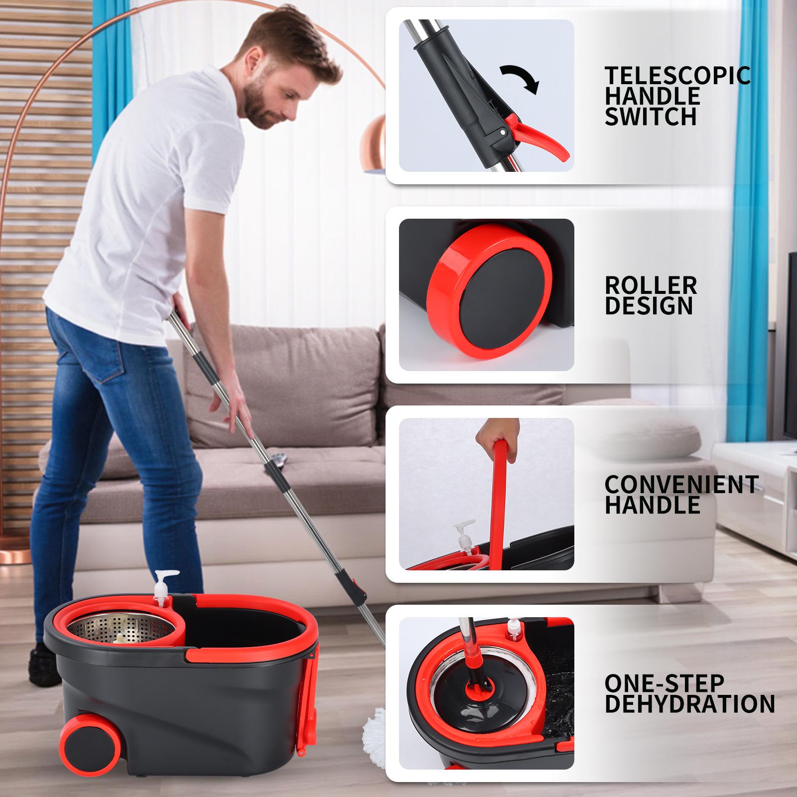 Spin Mop and Bucket with Wringer Set Stainless Steel 360 Floor Mop Bucket on Wheels 3 Microfiber Heads Telescoping Rod 38-61 Inches Adjustable Buckle Hook