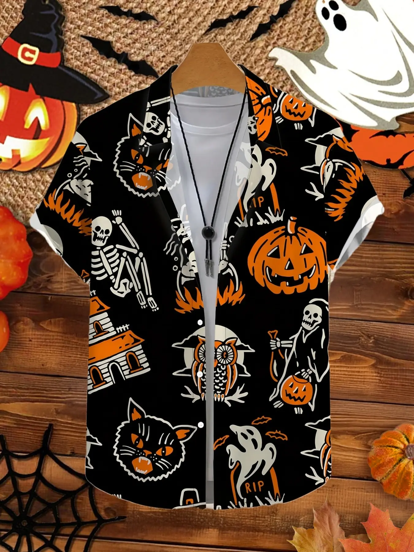 Men Halloween Short Sleeve Button Down Shirt, Pumpkin Skeleton Ghost All‑Over Print Lapel Casual Shirt, Holiday Party Beach Top