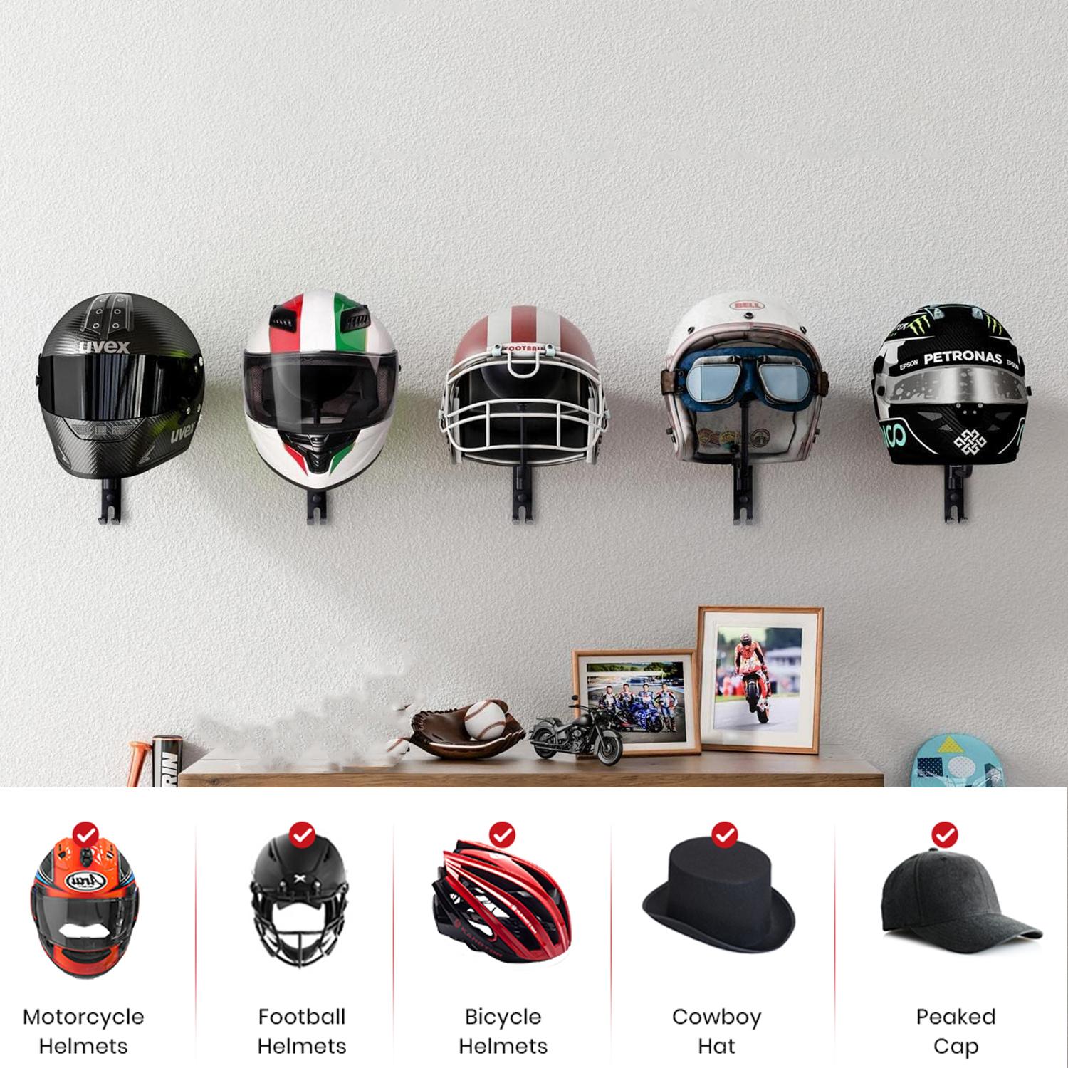 Helmet Stand with Hooks, Hat Rack, Hook Storage Rack, Wall-Mounted Motorcycle Helmet Display Holder, 180 Degree Key Ring Hook, Living Room Accessory