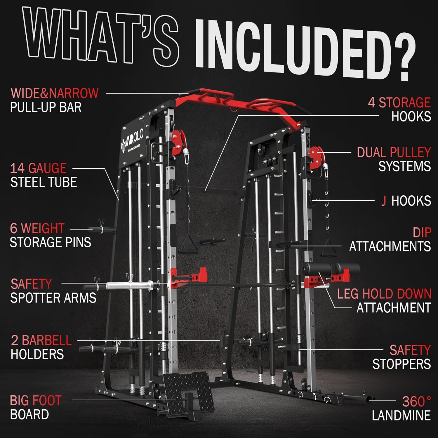 Smith Machine, 2200lbs Squat Rack with LAT-Pull Down System & Cable Crossover Machine, Training Equipment with Leg Hold-Down Attachment Workout Station Workout Station Arm Strength Trainer