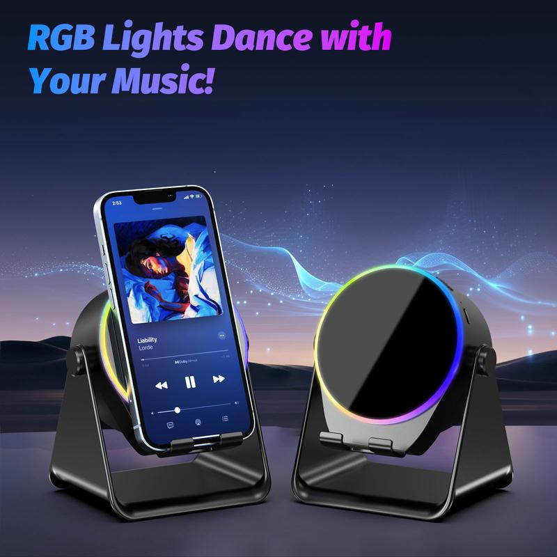 【Valentine's Day gift】Lentorgi 5-in-1 Wireless Induction Bluetooth Audio Speaker, Phone Stand Ambient Light, Surround Sound 360° Rotation Rechargeable Hands-Free Calls For Bedroom, Office, Kitchen, Camping, Yoga, Cooking Gifts for Men, Women, Elderly