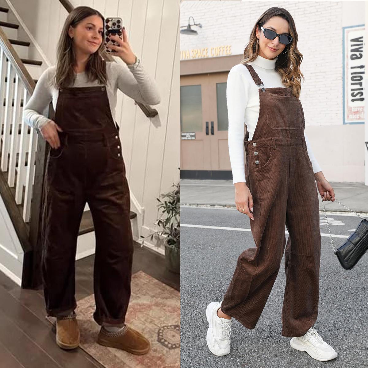 Buenoble Fall Corduroy Overalls for Women Barrel Wide Leg Bib Corduroy Pants Adjustable Romper Jumpsuit with Pockets