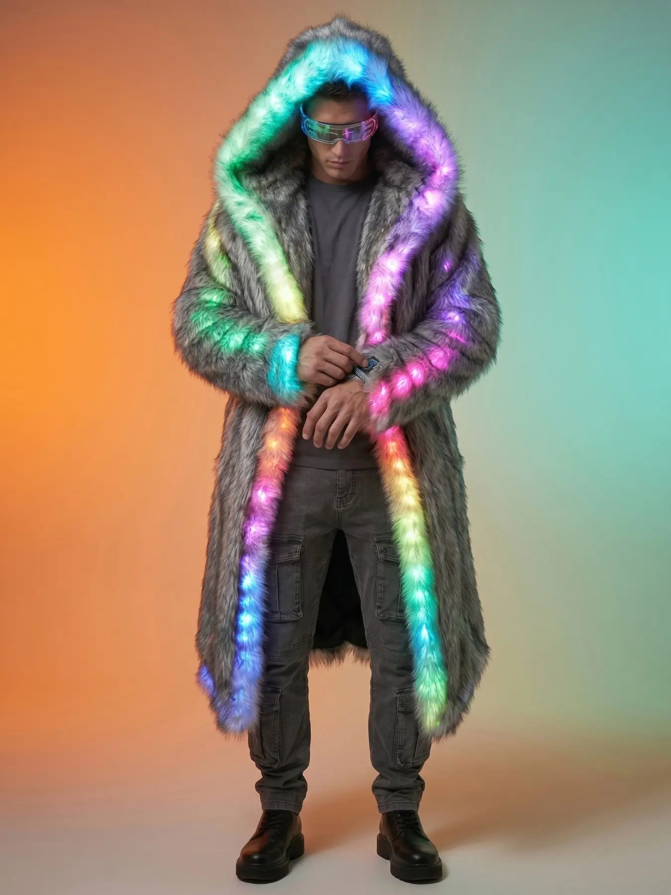 Men's Rainbow LED Glow Faux Fur Hooded Coat, Long Thick Warm Outerwear for Autumn Winter, Trendy Casual Multi-Scene Jacket