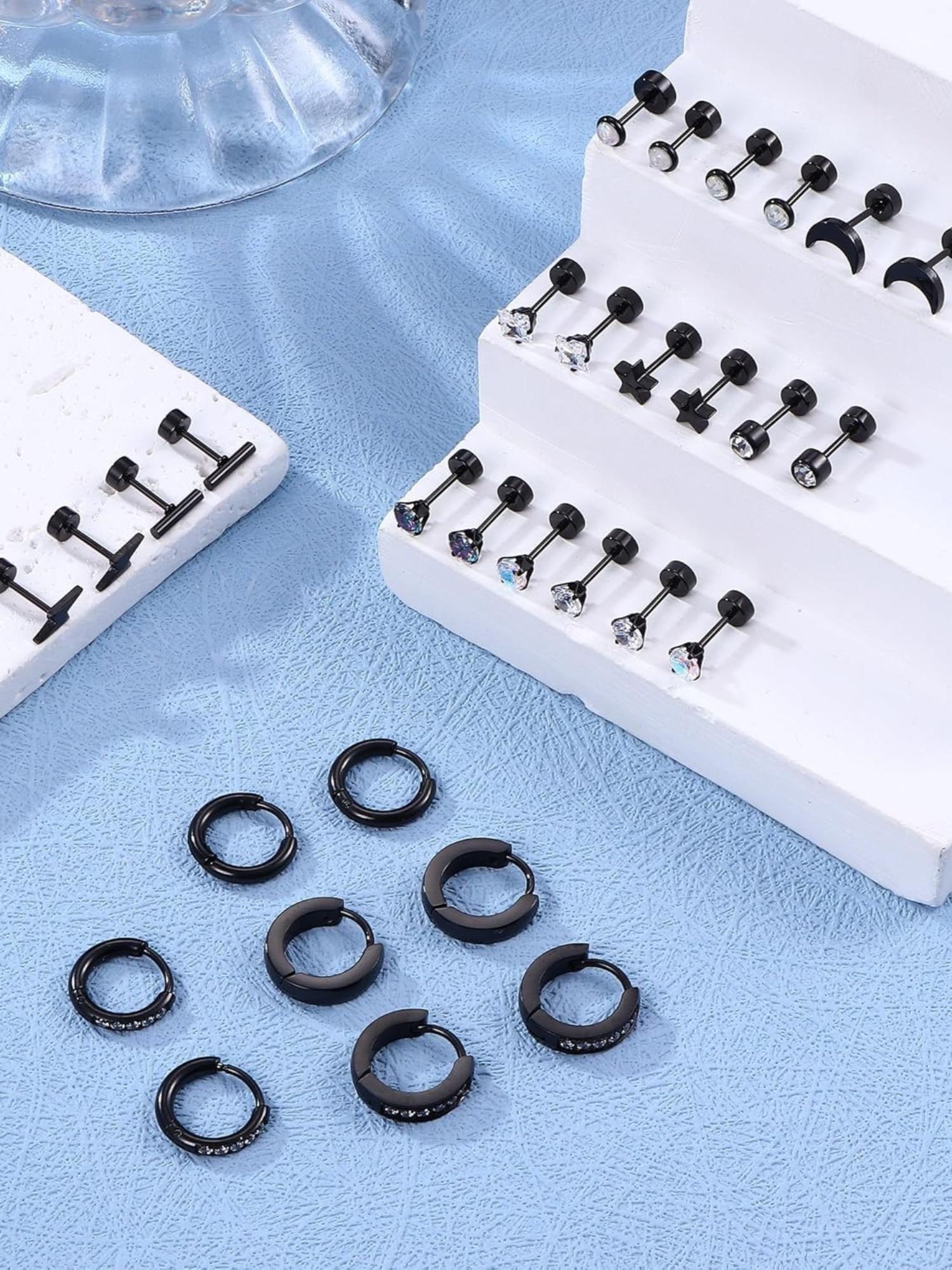 15 Pairs Black Surgical Steel Cartilage Earring Set for Women Men Slim Gauge with Comfortable Flat Back Design Unisex Assorted Styles Tiny Stud Earrings Mini CZ Hoops Huggie Earrings Perfect for Tragus Helix Multi-hole Ear Piercing Decoration
