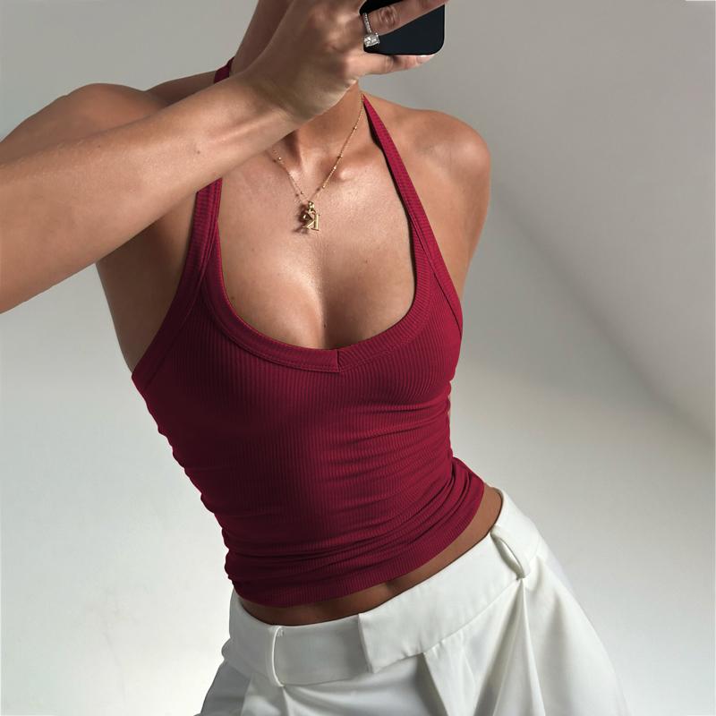 Women's Solid Ribbed Halter Neck Tank Top, Active Top, Casual Sleeveless Top for Daily Wear, Ladies Clothes for All Seasons