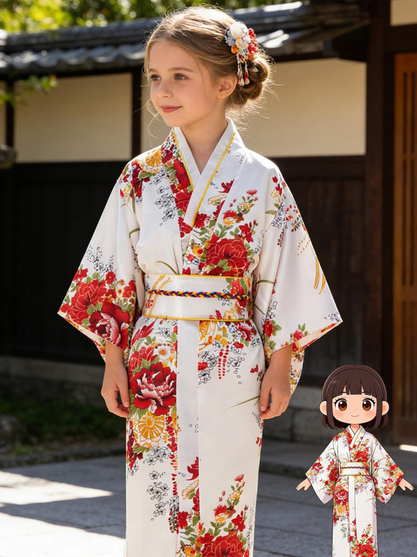 Girls Japanese Floral Satin Kimono Robe Kids Yukata Dress with Obi Children’s Bathrobe Traditional Costume for Cosplay Birthday Party  Photoshoots Cultural Festival School Event Photoshoots & Daily Loungewear Ideal Gift for Girls