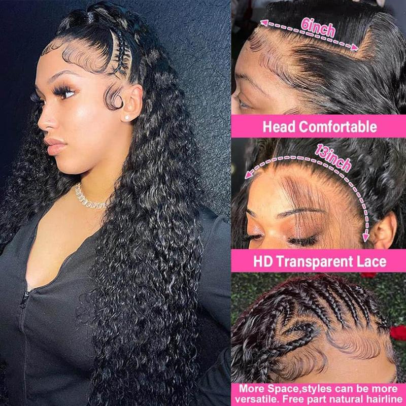 13x6 HD Transparent Lace Frontal Wigs Human Hair Water Wave Lace Front Wigs Pre Plucked 180% Density Deep  Wave Wet and Wavy