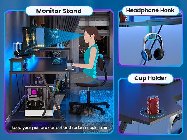 Sikaic 55 Inches Large PC Gaming Desk with LED Lights and Storage Shelves Monitor Stand Power Outlets Cup Holder Black Modern FathersDayGift Console Game