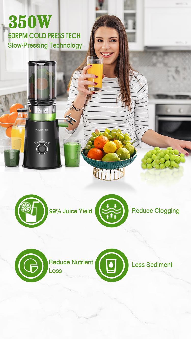 Juicer, slow-speed mixing type juicer, equipped with a 5/6.5-inch feed port, capable of extracting whole fruits and vegetables. Made of stainless steel. The slow-speed mixing type juicer is easy to clean and has a purity of 99.6%.