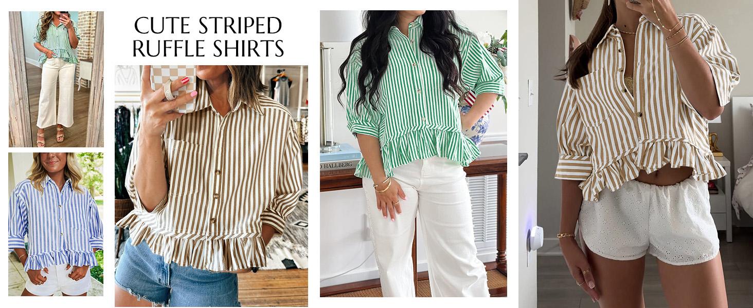 Cicy Bell Women’s Cropped Striped Button Down Shirts Ruffle 3/4 Length Sleeve Summer Tops Dressy Casual Blouses