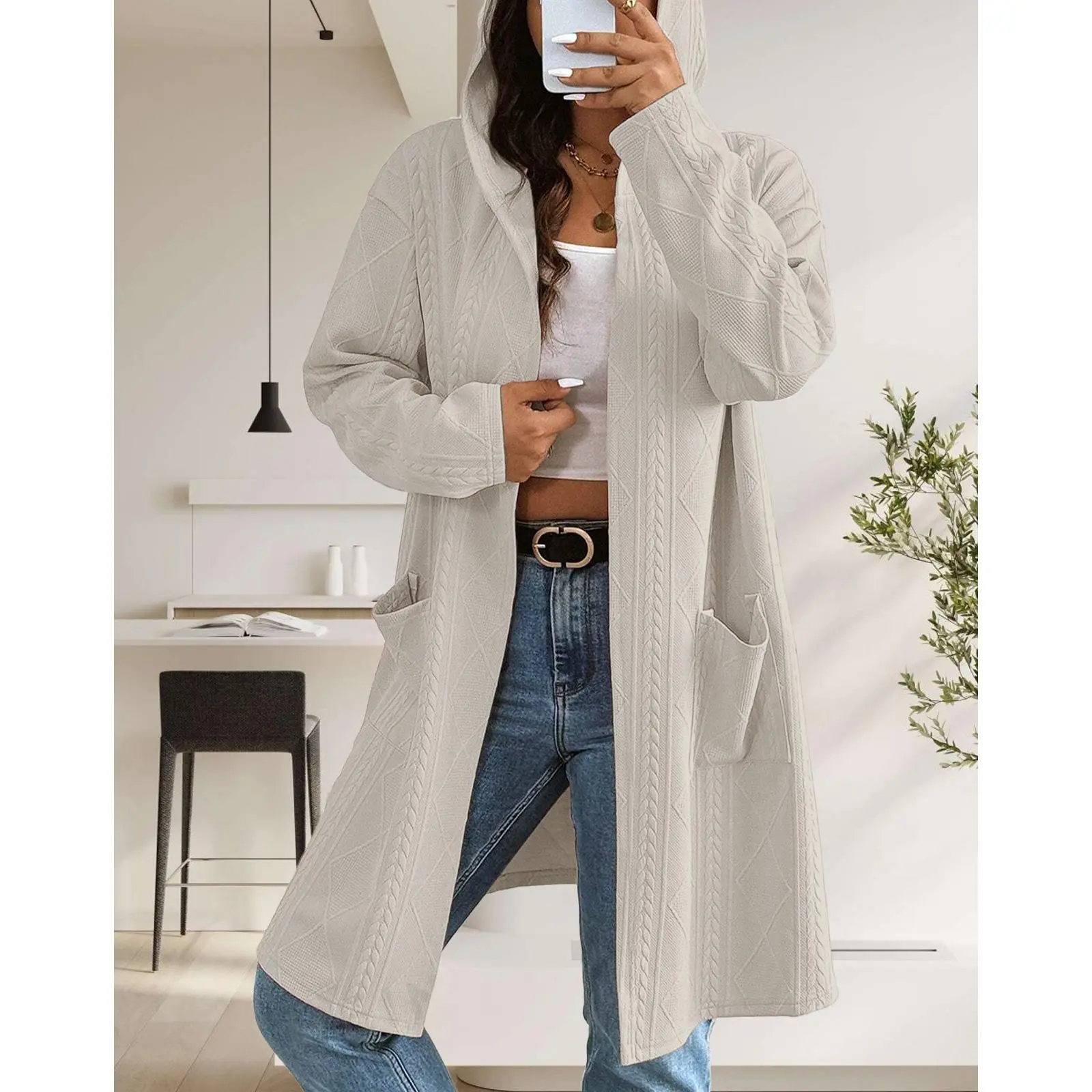 Autumn and winter women's diagonal hooded long open top jacket, a casual jacket with side pockets