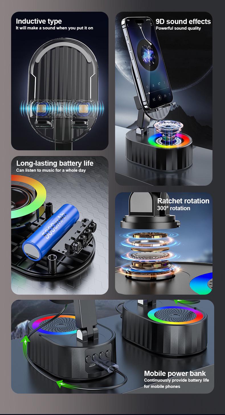 AKLLCCR 5-in-1 Power Bank with Wireless Induction Audio Bluetooth Speaker & Cellphone Stand Usb Cable Emergency charging (5000mAh) 5.3 HD Surround Subwoofer Sound  Fits Smartphones,Tablets Springtok