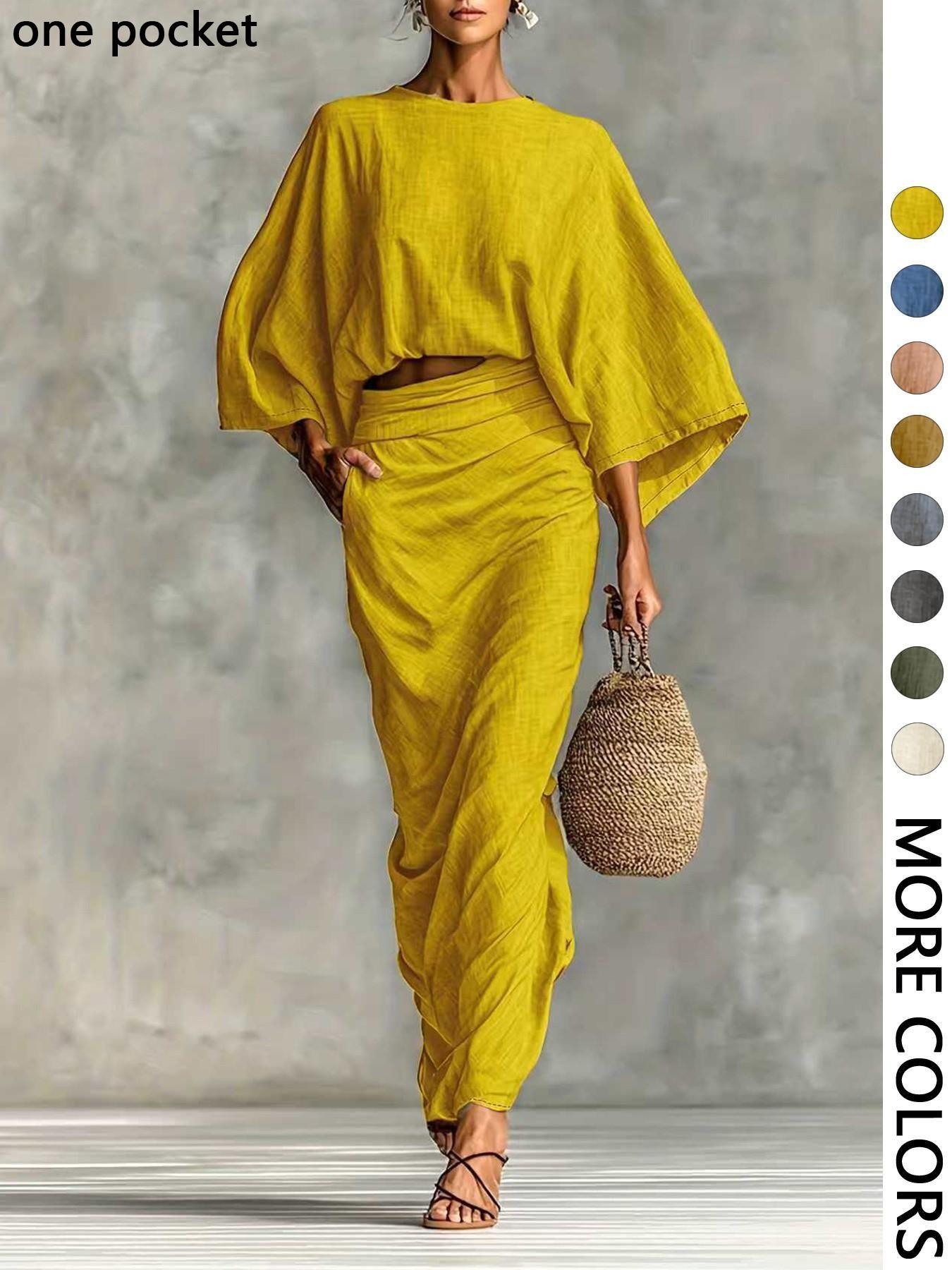 Women's Stylish Loose-Fitting Casual Two-Piece Set, Spring & Fall Comfortable Long Skirt with Waist Definition and Pocket one pocket..