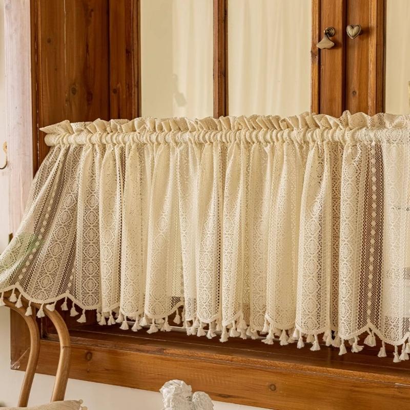 1pc Cotton Linen Curtain Half Light Blocking Vertical Striped Lace Fringe Rod Pocket, New Living Room Bedroom Cream French Vintage Style