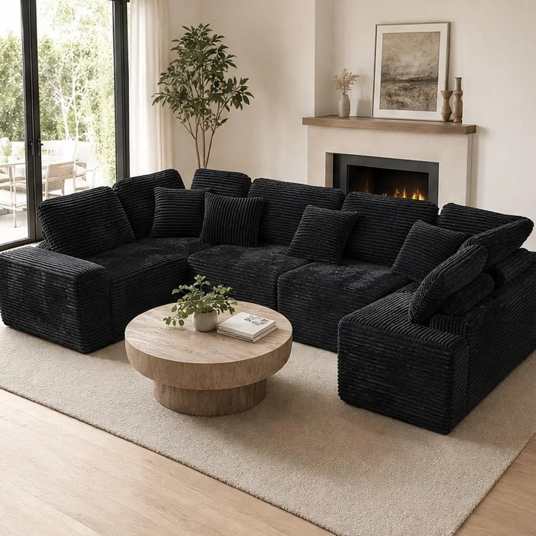 135.5-Inch Modular U-Shaped Sectional Sofa, 6-Seater Chaise Lounge with Reversible Design, Striped Corduroy Fabric in Black, Freely Configurable Layout for Living Room