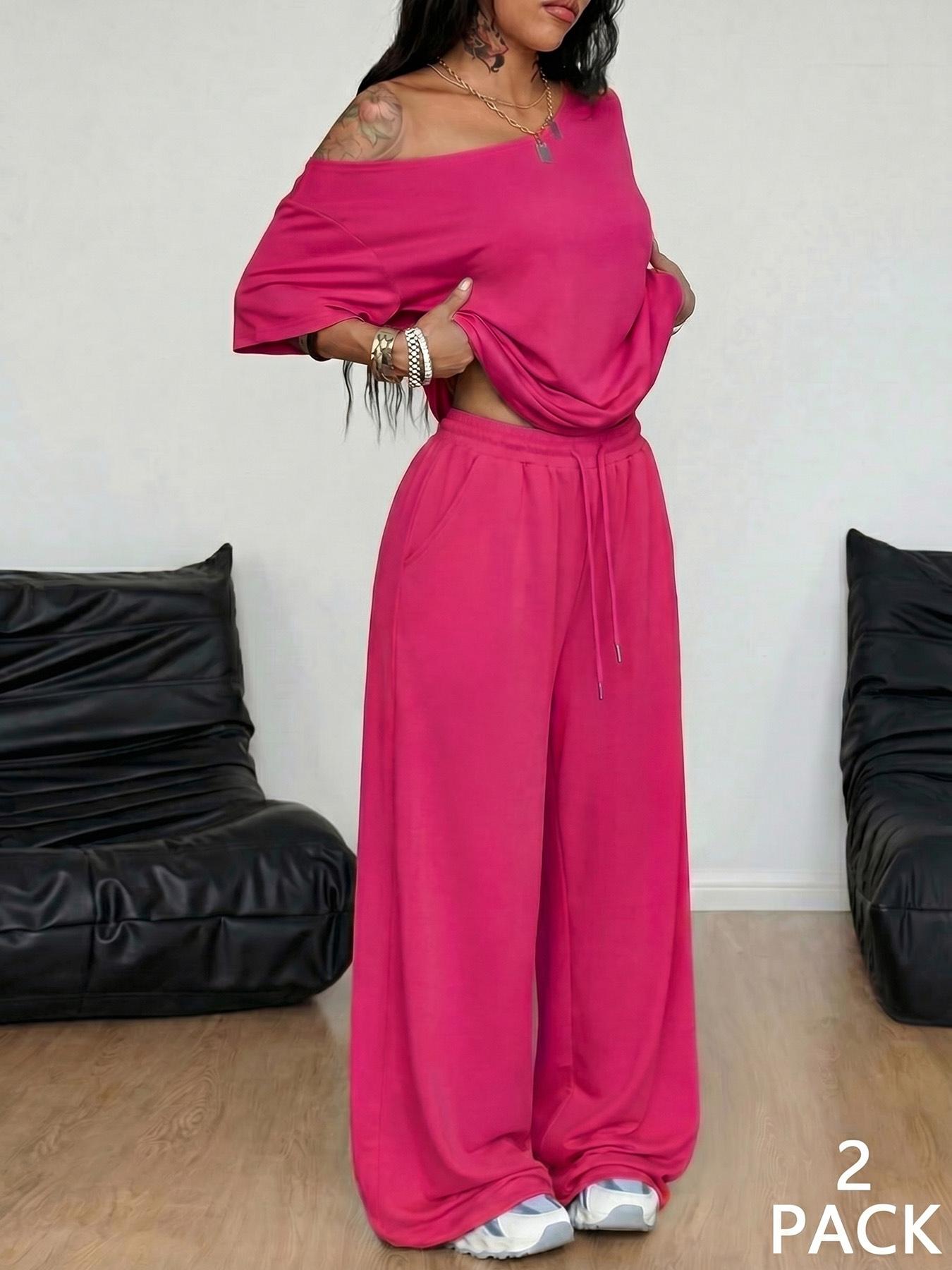 2 Pcs/Set Women's Minimalist Basic Daily Wear, Going Out, Sport Comfortable Off Shoulder T-Shirt and Wide Leg Pants Two Pieces Outfits, Womenswear