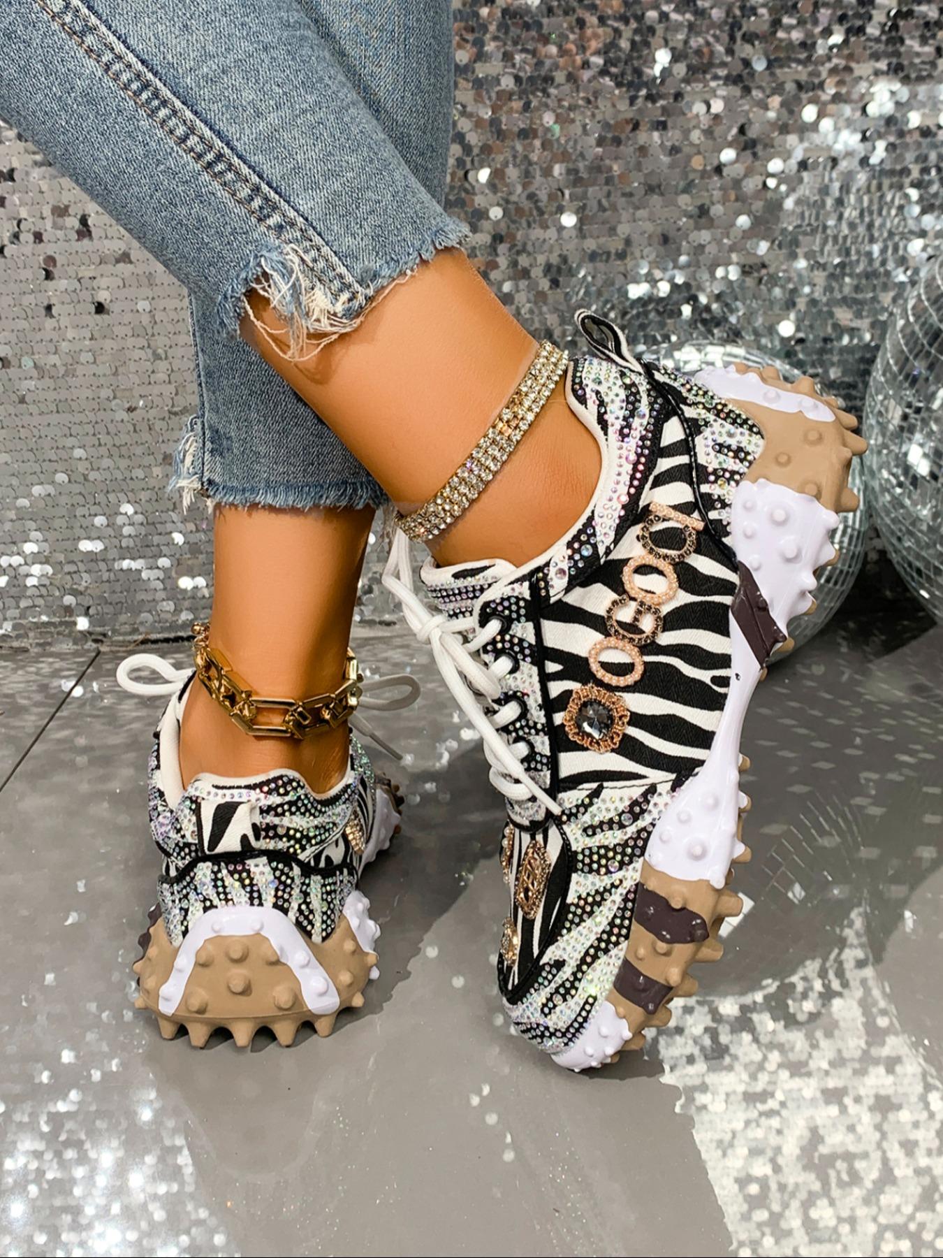 Women's Thick Sole Sport Shoes with Rhinestone Details, Fashion Casual Sneakers, Trendy Zebra Color Block Design, Daily Wear, Thick Soled Sneakers, Trendy Walking Sneaker