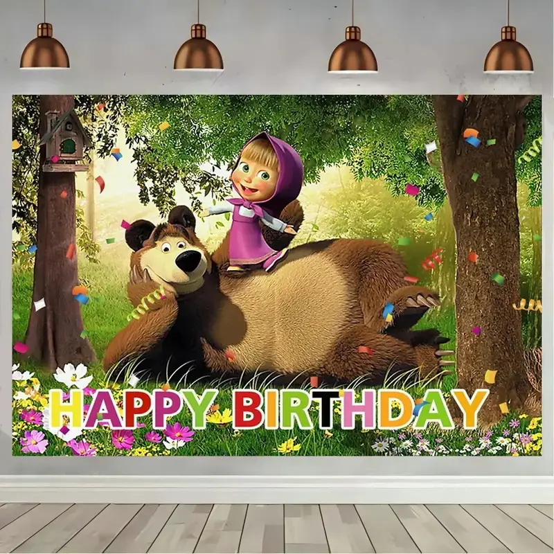 sohochic Masha Bear Backdrop Durable Bright Decor, Fade-Resistant Polyester Cloth Wall Hanging Tapestry for Kids Birthday & Baby Shower