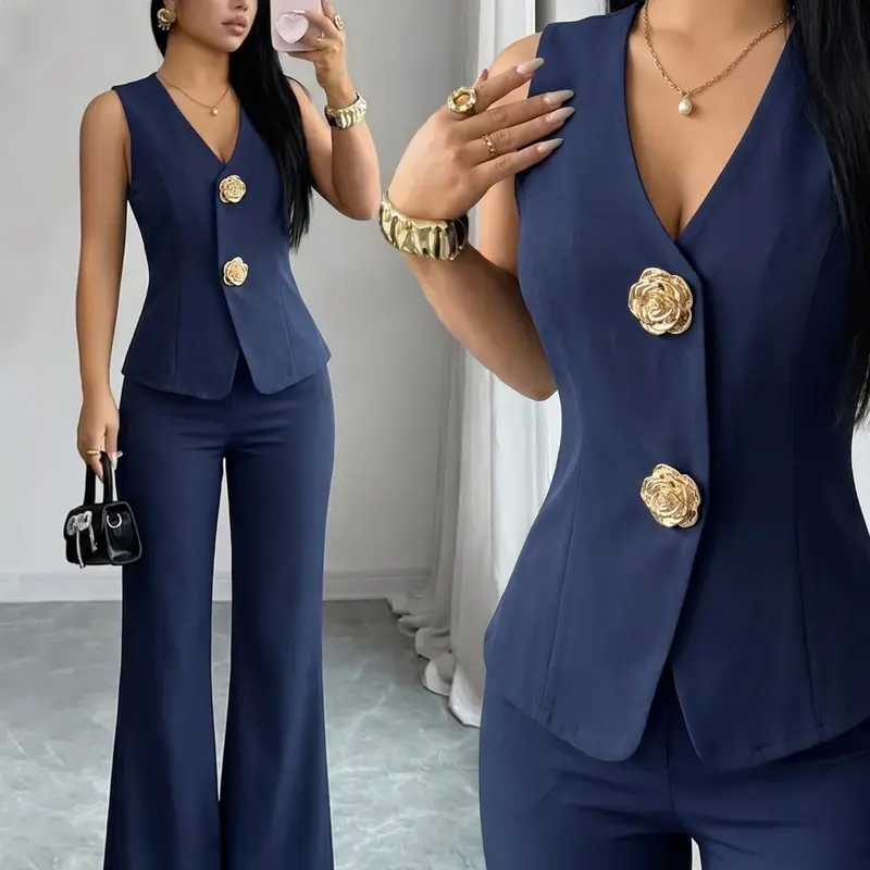 Women's 2-Piece Set, Solid Color V Neck Camisole and Wide Leg Pants, Casual Office Wear, Sleeveless, Long Ankle Length, Casual Chic Set, All Seasons