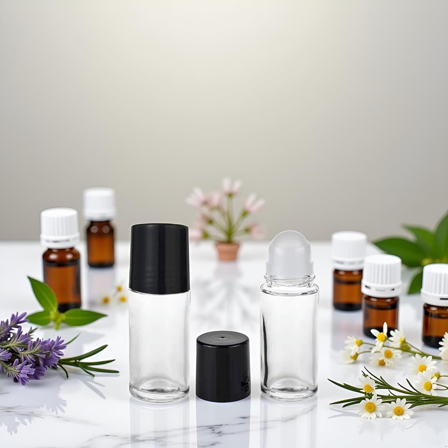 2 count Black Clear Empty Glass Essential Oil Roller Bottles Vials Containers Refillable Roll- with Funnel Refillable  Containers Roller Bottles(30ML)