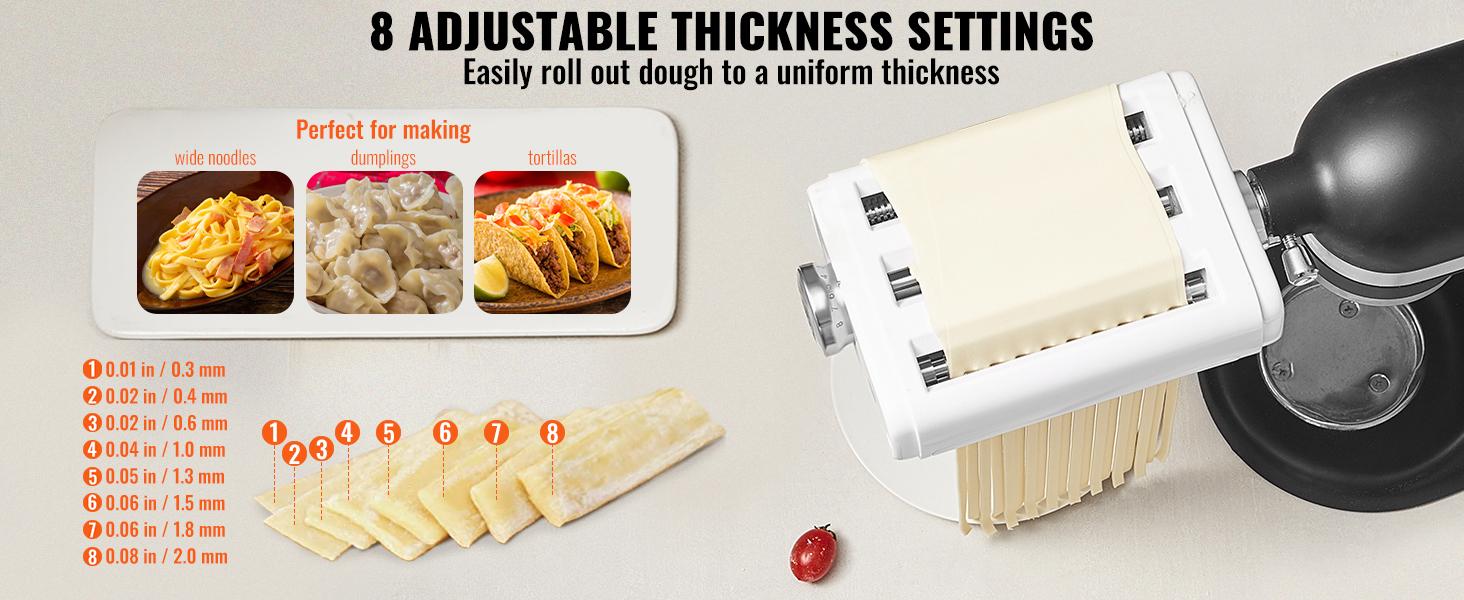 VEVOR Pasta Attachment for KitchenAid Stand Mixer, 3-IN-1 Stainless Steel Pasta Roller Cutter Set Including Pasta Sheet Roller, Spaghetti and Fettuccine Cutter, 8 Adjustable Thickness Knob Pasta Maker