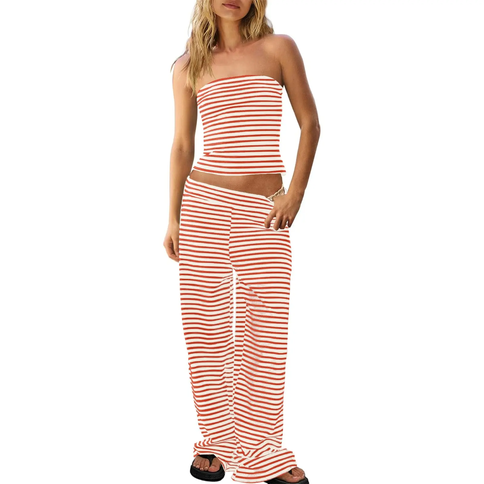TANKANEO Women's 2-Piece Striped Set - Cute Slim Y2K Style Cropped Strapless Tube Crop Top & Wide Leg Pants, Comfortable Casual Spring Summer Vacation Lounge Beach Outfits